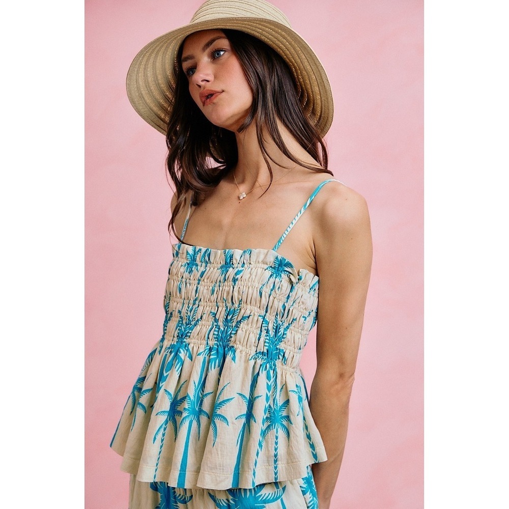 SO ME Palm Tree Smocked Bodice Adjustable Cami Top - Blue - Medium - Picture 2 of 16